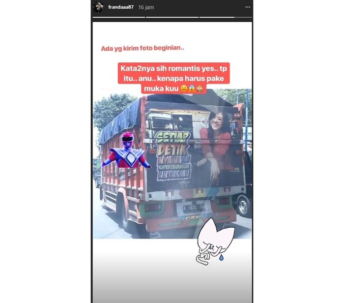 Unggahan Franda yang kesal potretnya dijadikan meme di sebuah truk