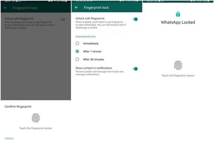 Ilustrasi langkah mengaktifkan fitur fingerprint lock WhatsApp di Android