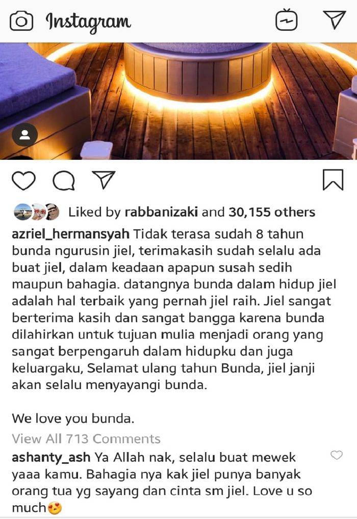 Balasan Ashanty pada postingan Azriel Hermansyah