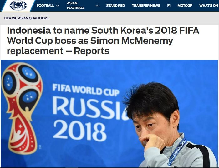 Pemberitaan Fox Sports Asia terhadap rumor pelatih timnas Korea Selatan di Piala Dunia 2018, Shin Tae-yong melatih timnas Indonesia.