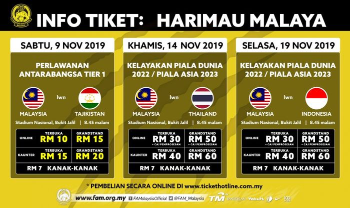 FAM Merilis harga tiket pertandingan timnas Malaysia melawan Tajikistan, Thailand, dan Indonesia