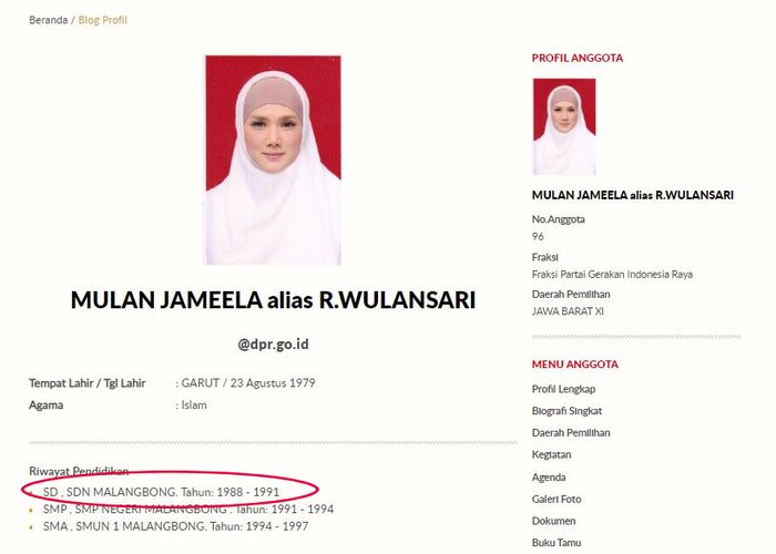 Berdasarkan data yang diunggah laman resmi web DPR RI, Mulan Jameela enyam pendidikan SD 3 tahun.