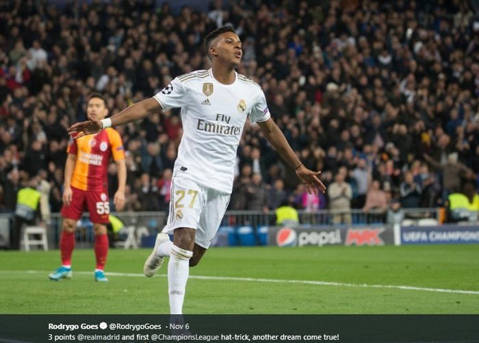 Penyerang muda Real Madrid, Rodrygo Goes, melalukan selebrasi usai membobol gawang Galatasaray pada matchday keempat Liga Champions, Kamis (6/11/2019).