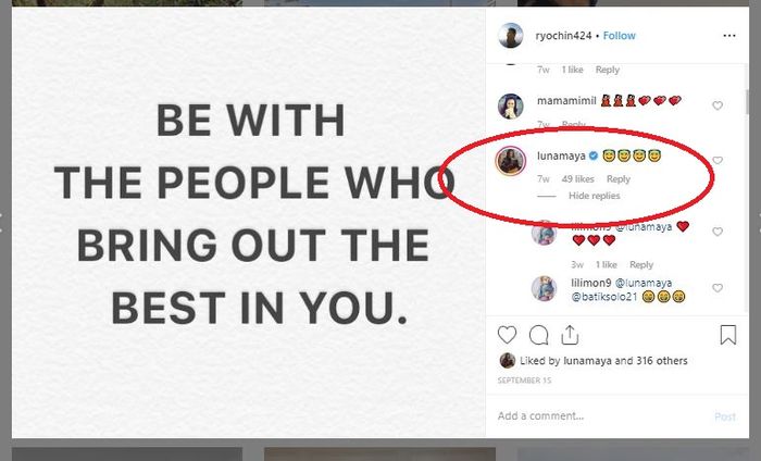 Luna Maya juga tinggalkan komentar di postingan Ryochin