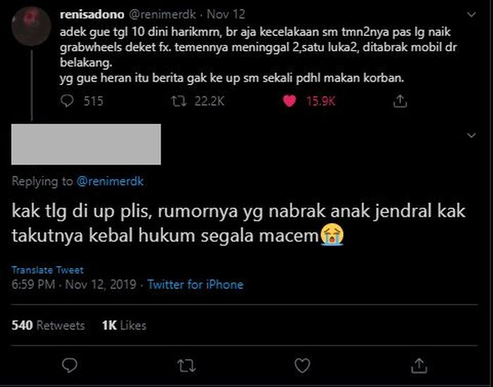 Cuitan netizen twitter yang menyebut rumor pelaku adalah anak seorang jenderal.