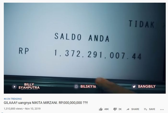 Jumlah uang di kartu debit Nikita Mirzani capai Rp1,3 miliar.