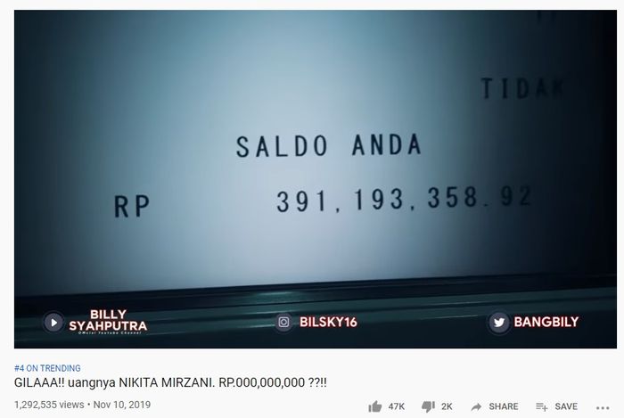 Jumlah uang di kartu debit Nikita Mirzani capai Rp1,3 miliar.