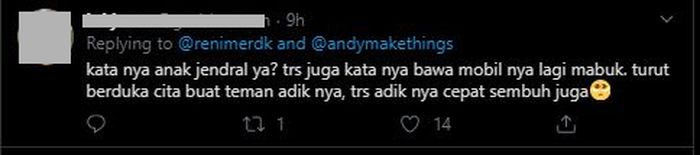 Cuitan netizen twitter yang menyebut rumor pelaku adalah anak seorang jenderal.