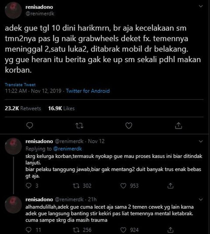 Cuitan salah satu keluarga korban di akun media sosial Twitter.