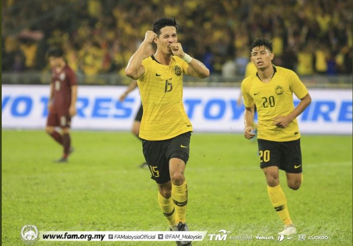 Brendan Gan, gelandang Malaysia yang merayakan gol ke gawang Thailand dalam partai kualifikasi Piala Dunia 2022 di Stadion Bukit Jalil, Kuala Lumpur, 14 November 2019.