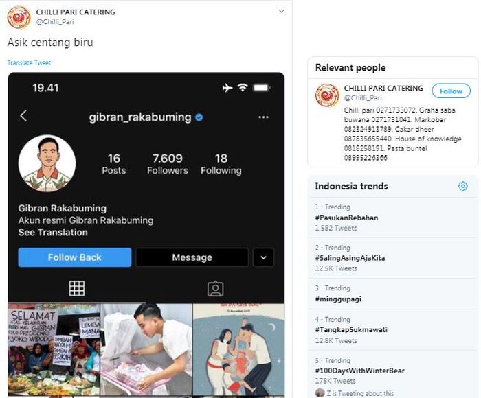 Gibran Rakabuming memamerkan akun Instagram nya