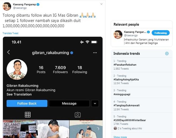 Kaesang menjanjikan uang pada warganet