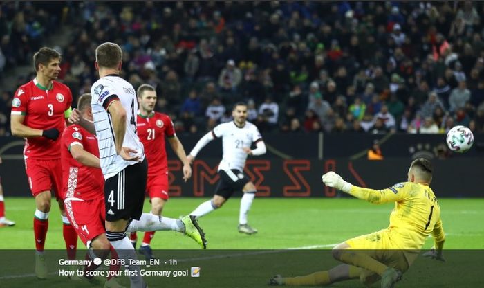 Proses terjadinya gol pertama timnas Jerman ke gawang timnas Belarusia yang dicetak oleh Matthias Ginter pada matchday ke-9 Grup C Kualifikasi Euro 2020, Sabtu (16/11/2019).