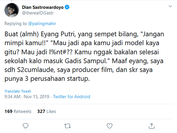 Cuitan Dian Sastro di Twitter