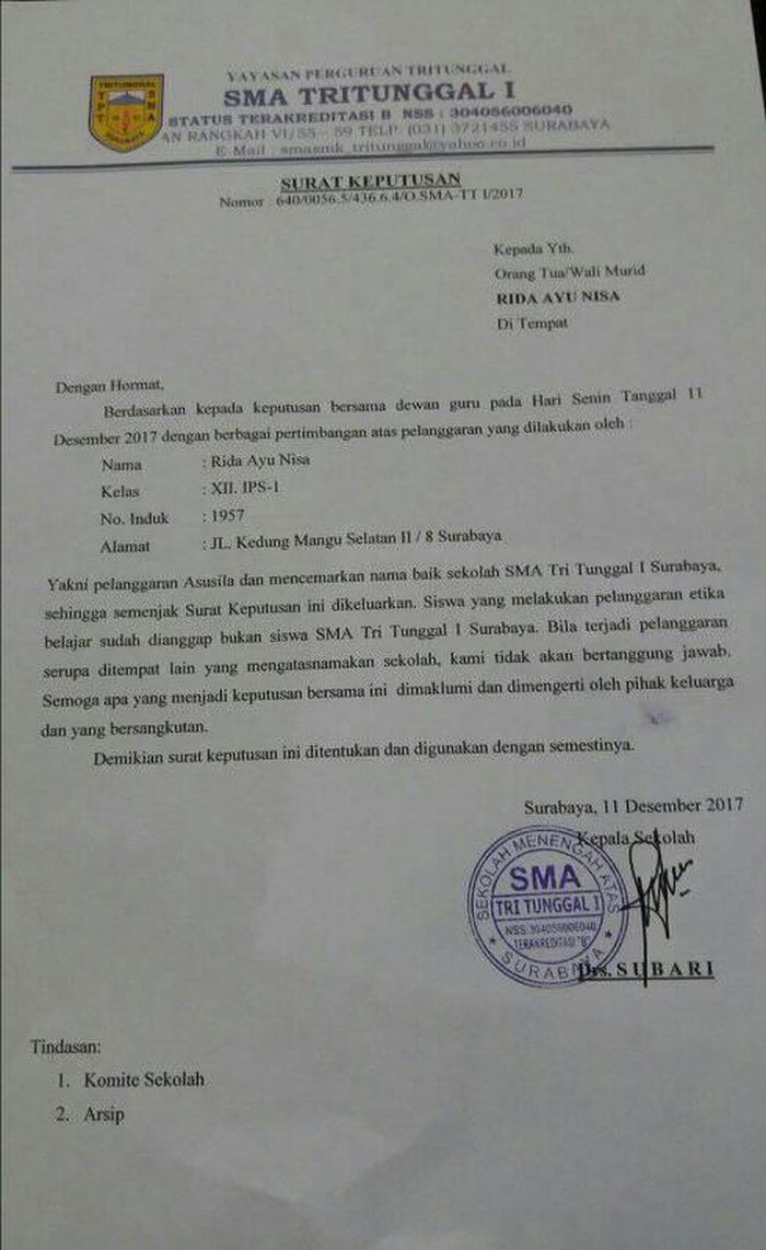 Rida Ayu Nisa dikeluarkan 