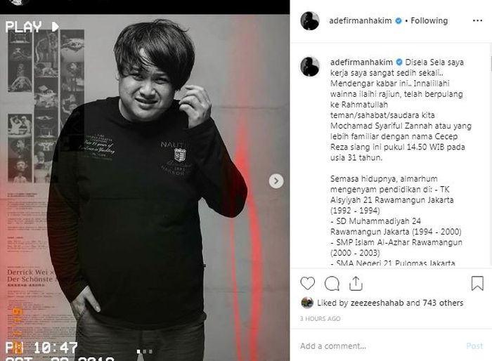 Unggahan Ade Firman Hakim tentang meninggalnya Cecep Reza