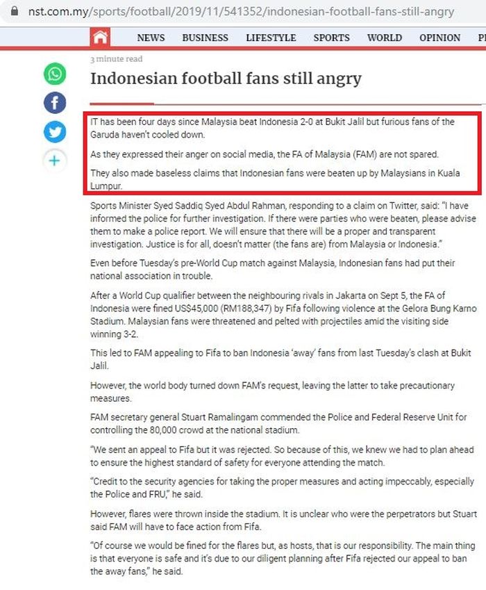 Klaim Media Malaysia New Straits Times Soal Pengeroyokan Suporter Timnas Indonesia