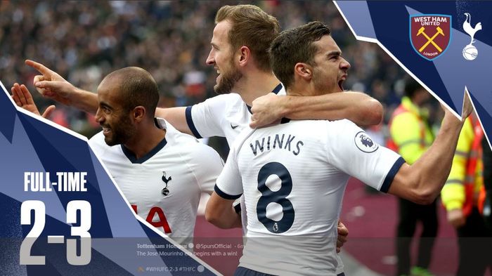 Lucas Moura (paling kiri) dan Harry Winks (paling kanan) merayakan gol Harry Kane (tengah) saat Tottenham Hotspur berhadapan dengan West Ham United.