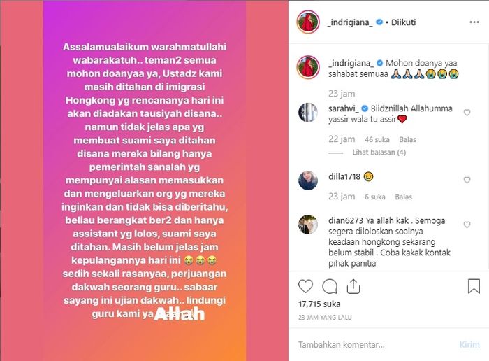 Unggahan Indri Giana soal penahanan Ustaz Riza Muhammad di kantor Imigrasi Hongkong