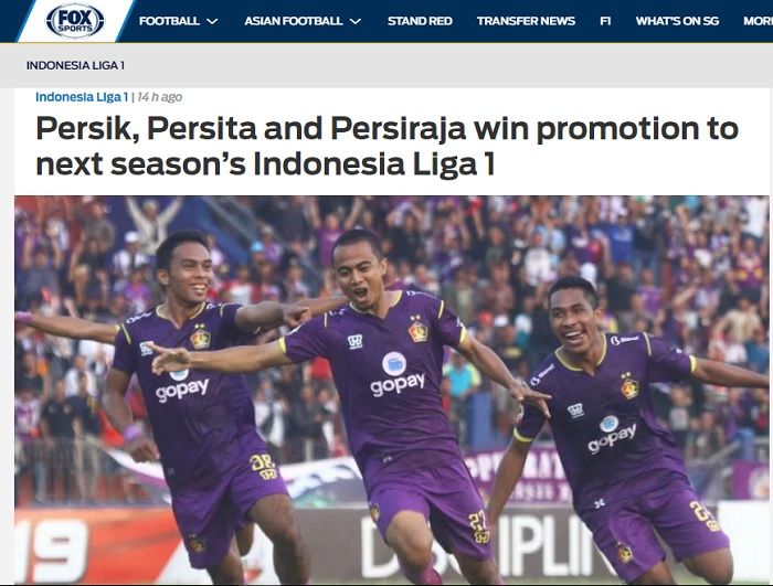 Pemberitaan Fox Sports Asia terkait Persik, Persita dan Persiraja yang promosi ke Liga 1 2020.