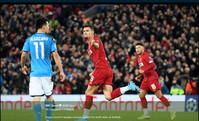 Liverpool butuh gol Dejan Lovren untuk menghindarkan diri dari kekalahan melawan Napoli di Anfield, 27 November 2019.