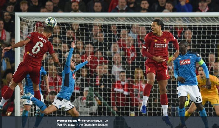 Proses terjadinya gol Dejan Lovren ke gawang Napoli pada matchday kelima Liga Champions di Stadion Anfield, Rabu (27/11/2019).