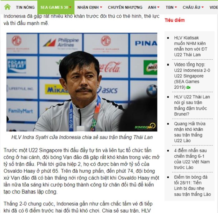 Pemberitaan media Vietnam, Bongda24.vn terkait pernyataan Indra Sjafri pasca mengalahkan Singapura, Kamis (28/11/2019).