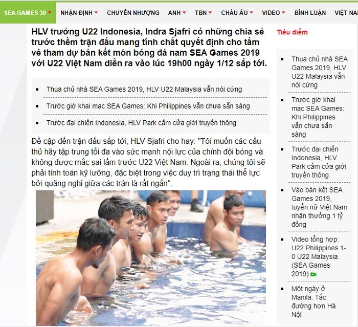 Pemberitaan Media Vietnam, Bongda24h.vn terkait sesi latihan timnas U-22 Indonesia jelang bentrk dengan skuat muda The Golden Stars di matchday ketiga fase Grup B SEA Games 2019.