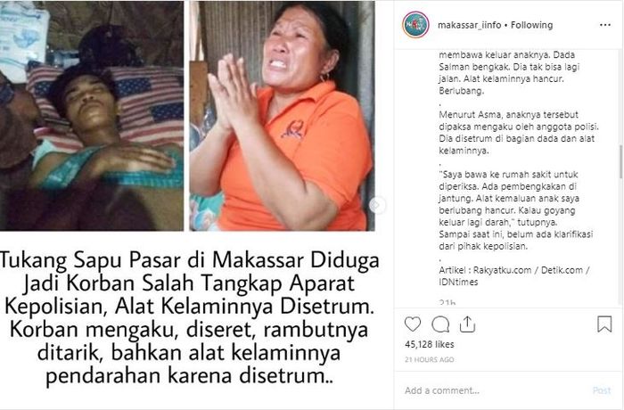 Postingan viral kasus kekerasan yang dialami tukang sapu di Makassar.