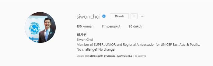 Jumlah followers akun Instagram Siwon bertambah.