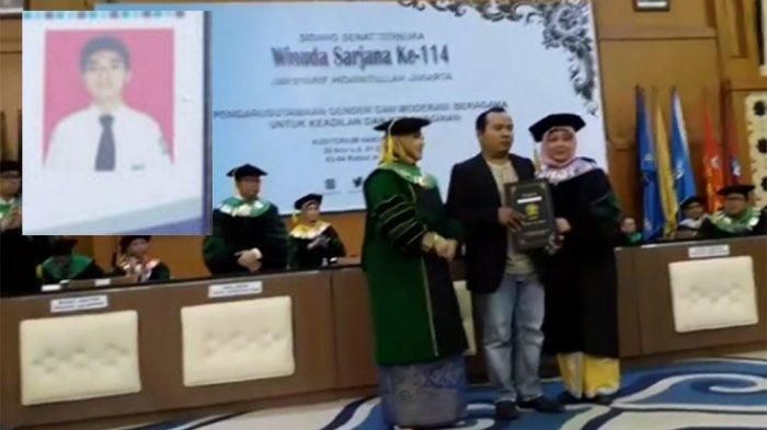 Imam Rosyadi mewakili wisuda adiknya, Nurul Faqih, yang tewas kecelakaan saat hendak menuju tempat wisuda di UIN Syarif Hidayatullah, Jakarta, Minggu (1/12/2019). (Inset) Foto Nurul Faqih semasa hidup. Ia tercatat sebagai mahasiswa Psikologi UIN Syarif Hidayatullah, Jakarta.