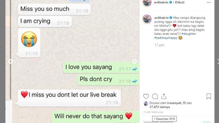Ardi Bakrie posting percakapan WhatsApp dengan putrinya, Mikha pada Minggu (1/12/2019).