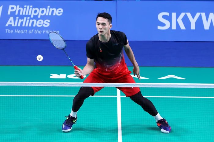 Pebulu tangkis tunggal putra Indonesia, Jonatan Christie, tampil pada partai pertama semifinal SEA Games 2019 melawan Thailand di Muntinlupa Sports Center,  Manila, Filipina, Senin (2/12/2019).