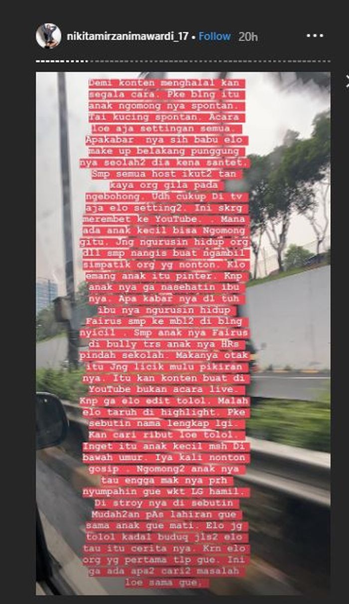 Unggahan story Nikita Mirzani yang kesal namanya disebut-sebut