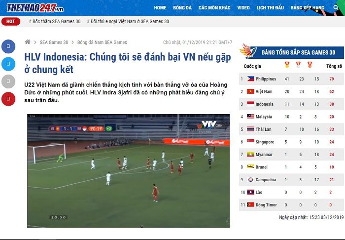 Pemberitaan media Vietnam, thethao247.vn terkait pernyataan Indra Sjafri yang mengklaim dapat mengalahkan timnas U-22 Vietnam di laga final SEA Games 2019.