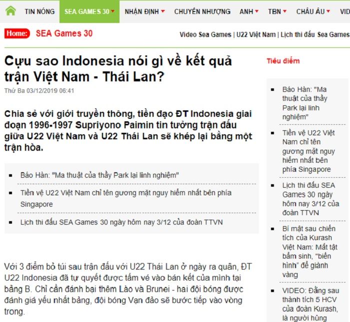 Legenda timnas Indonesia, Supriyono Paimin disorot media Vietnam, Bongda24h.vn karena prediksi lolosnya Garuda Muda ke babak semifinal SEA Games 2019 cabor sepak bola.
