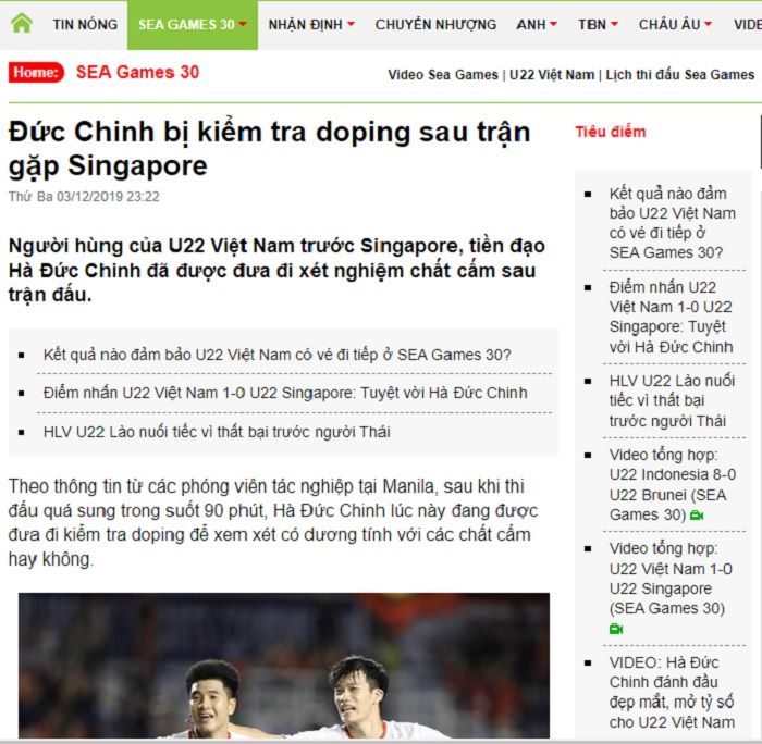 Pemberitaan bongda24h.vn yang menyebut striker timnas u-22 Vietnam, Ha Duc Chinh diperiksa atas dugaan penggunaan doping di SEA Games 2019 usai laga melawan Singapura, Selasa (3/12/2019).