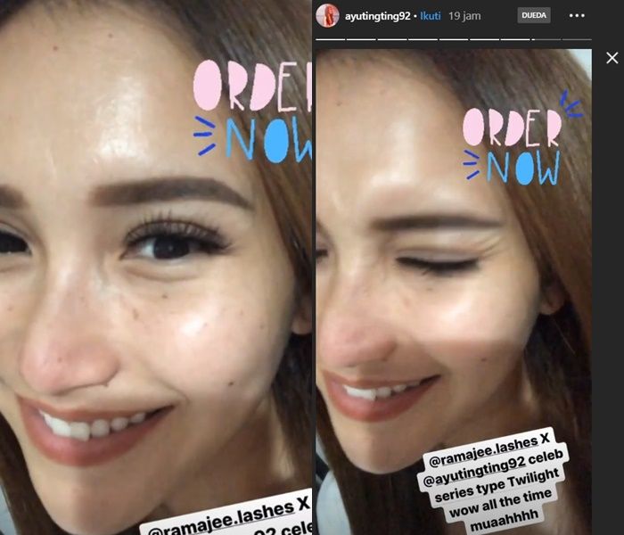 Potret wajah asli Ayu Ting Ting yang terlihat noda hitam dengan jelas saat promosikan bulu mata palsu