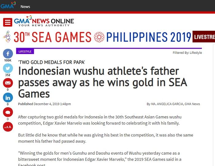 Pemberitaan media Filipina, gmanetwork.com terkait dua medali emas Edgar Xavier untuk almarhum sang ayah.