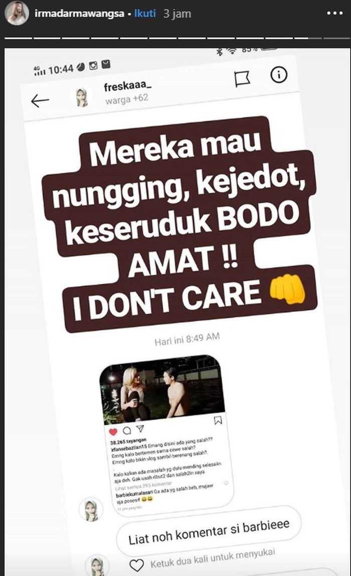 Unggahan Instagram story Irma Darmawangsa.
