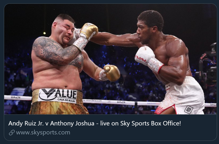 Duel tinju kelas berat antara Andy Ruiz Jr dan Anthony Joshua di Arab Saudi, Minggu (8/12/2019) dini hari WIB.