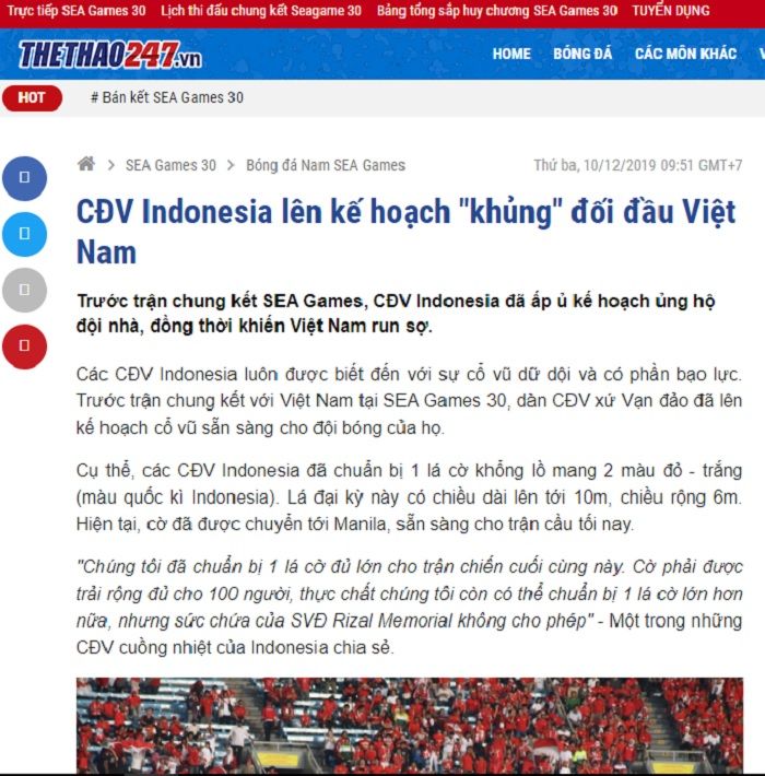 Pemberitaan media Vietnam tentang rencana mengerikan suporter Indonesia di laga final SEA Games 2019.