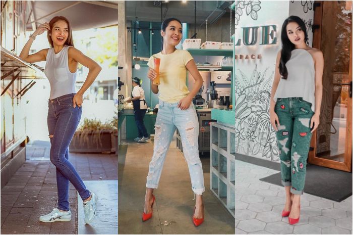 Penampilan modis Sisi Asih Pramugari Garuda dengan gaya kasual yang nyentrik, kenakan paduan denim