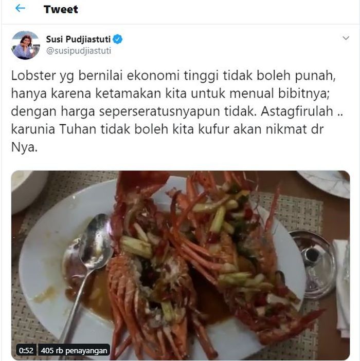 Susi Pudjiastuti dan cuitan terbarunya soal lobster.