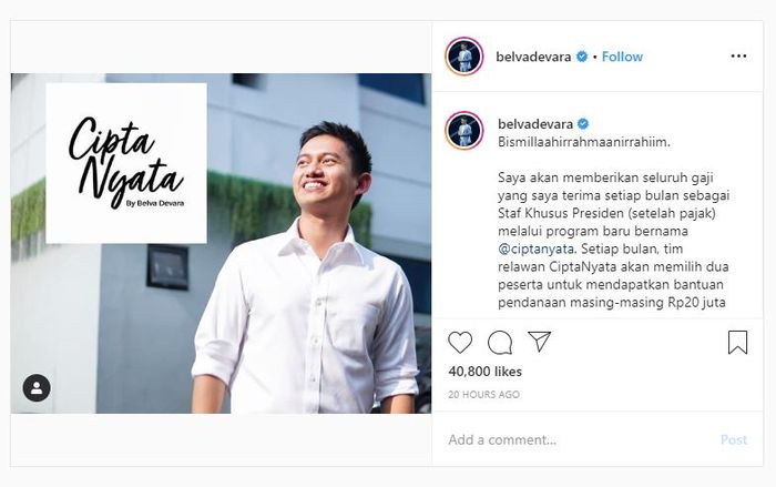 Unggahan Instagram Belva Devara
