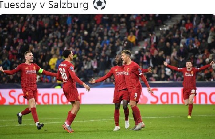 Para pemain Liverpool merayakan gol yang dicetak oleh Naby Keita (tengah) dalam laga Grup E Liga Champions melawan Salzburg di Stadion Salzburg, Selasa (10/12/2019).