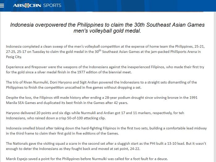 Pemberitaan media Filipina terkait tim voli putra Indonesia yang sukses meraih medali emas SEA Games 2019.