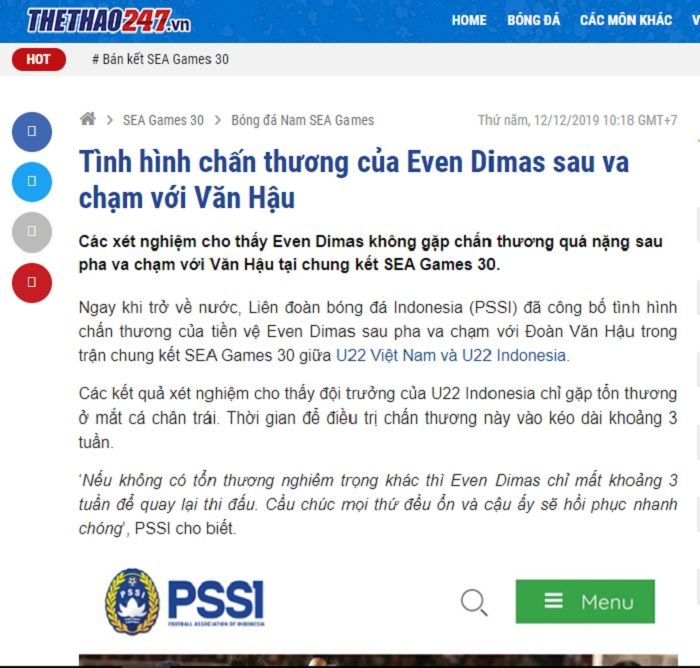 Pemberitaan media Vietnam yang menyebut cedera Evan Dimas Darmono di SEA Games 2019 tidak parah.