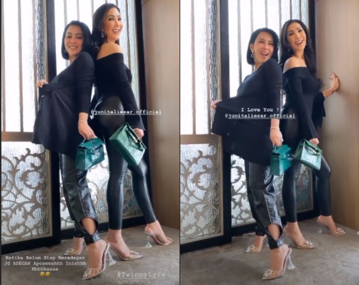 Syahrini terlihat mengenakan atasan warna hitam yang dipadukan leather pants warna senada