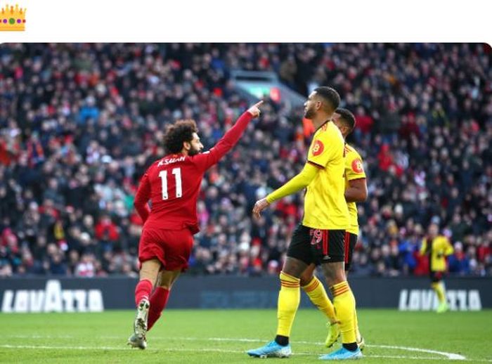 Penyerang Liverpool, Mohamed Salah, merayakan gol yang dicetak ke gawang Watford dalam laga Liga Inggris di Stadion Anfield, Sabtu (14/12/2019).